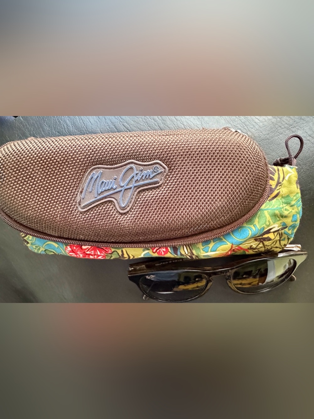 Maui Jim Brown Sunglasses & Case with Green & Red Floral Pouch, Italy Pau Hana